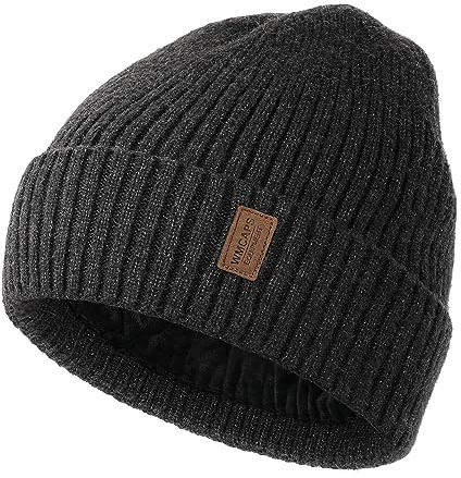 Wmcaps Beanie for Men, Unisex Classic Knit Beanie Winter Hat Stretchy Soft Cuffed Wooly Beanies with Thermal Thick Fleece Lining, Gifts for Men/Women/Her/Him/Dad（Dark Grey）