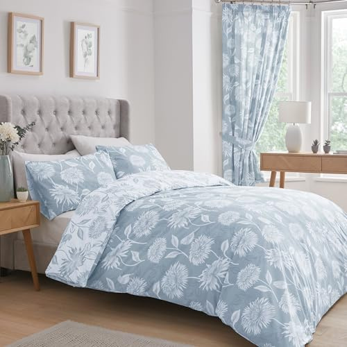 Drömmar och draperier – blått krysantemum påslakan – King Bedding Size vändbart (2 färger) – enkel skötsel och tvättbar – blå sängkläder – ljusblå blommiga sängkläder – blå blomma påslakanset