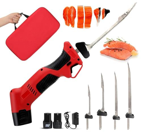 Couteau à fileter le poisson sans fil, couteau à découper, couteau à filet électrique for poisson avec 4 lames alternatives antiadhésives revêtues de Ti-Nitride SS, verrouillage sécurisé, 2 piles et s