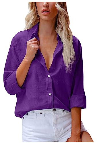 Camisa de lino con cuello en V, blusas de manga larga con bolsillo, blusas de algodón de color liso, blusa de verano cómoda para mujer, morado, M
