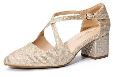 DREAM PAIRS Escarpins à talons épais pour femme - Bout pointu - Confortables - Sangle croisée - Talon bloc - Pour fête, danse, mariage, Paillettes dorées., 37 EU