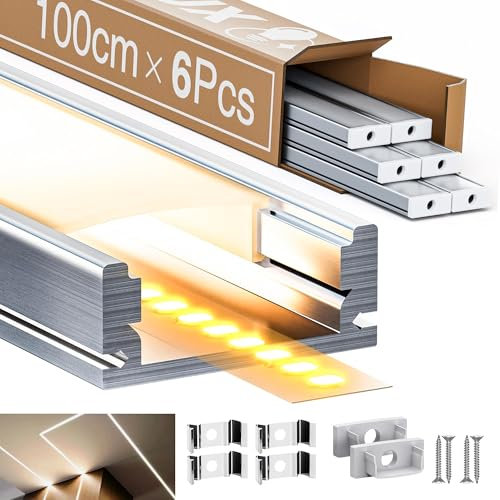 LASLUX LED Perfil U forma de Aluminio para Tira Canaleta con Difusor Opaco y Transparente Empotrable (U-form, 6×1 Meter)