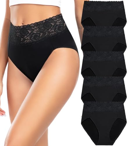 Wealurre Culotte Femme Taille Haute Coton Doux Slip pour Femmes Dentelle Élastique sous-Vêtements Lot de 5, Noir, L