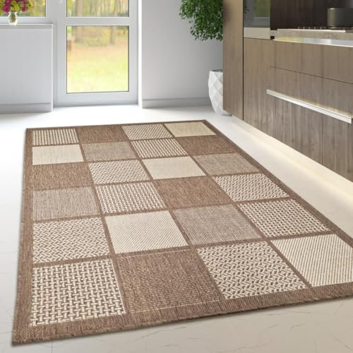 Non Slip Rug Kitchen Living Room Fat Weave Check Carpet Small Large Runner Mat (120x160cm - 4'x5'3 ft, Natural Brown Checkered)
