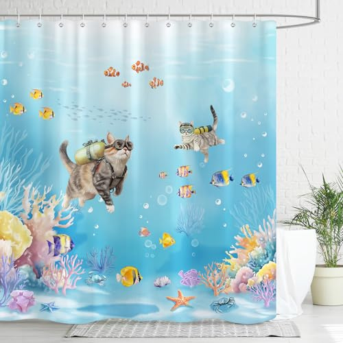 Dazzlewall Duschvorhang Lustig Katze Tauchen 180x180cm, Blauer Maritim Meer Korallenriff Duschvorhänge, Wasserdicht Anti-Schimmel Waschbar Polyester Textil für Badezimmer mit 12 Haken
