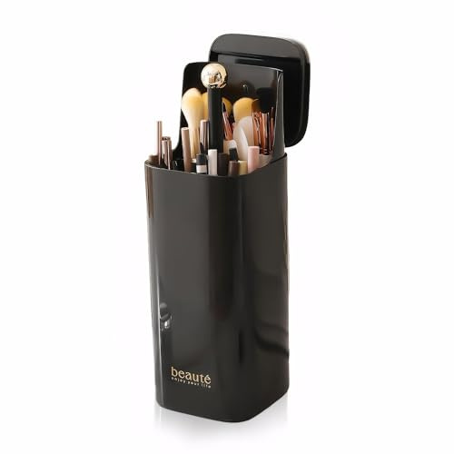 Accmuzzy Make Up Brush Holder,4 Slots Automatic Lifting Dustproof Makeup Brush Holder with Lid,Make Up Brushes Storage,Waterproof Makeup Organizer for Dressing Table,countertop,Vanity (Black-Gold)