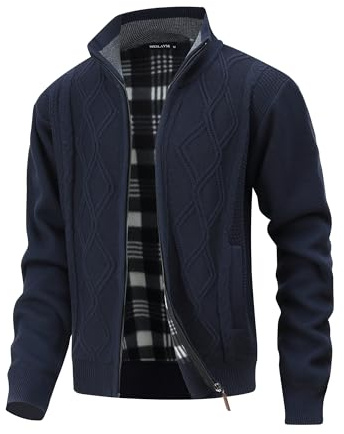 MeiLayM Stickad herrcardigan tjock stickad hel dragkedja kappa stående krage varm tröja jacka vinter vardaglig långärmad med fickor fleecefodrade varma ytterkläder, BLÅ, XXL