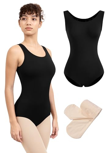 DANSHOW Body da danza da donna, senza maniche, con calzamaglie, per adulti, Nero , M