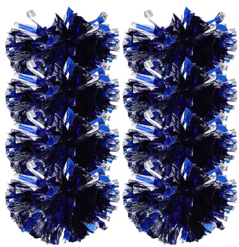 BELLIFFY Lot de 8 Pompons de Cheerleading Métallisés Bleus et Argentés Poignée Ergonomique Accessoires pour Matchs et Spectacles Pompons à Paillettes Résistants pour Danse et