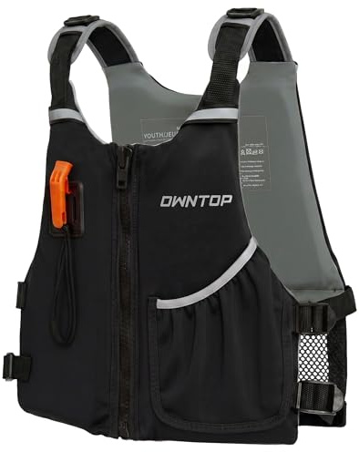 Owntop Junior Swim Vest for Kids 30-50kg, Buoyancy Aid with Whistle, Breathable Mesh Back & Pocket, Adjustable Neoprene Float Jacket for Kayaking, & Swimming, Boys & Girls 6-13 Years（Black，M）