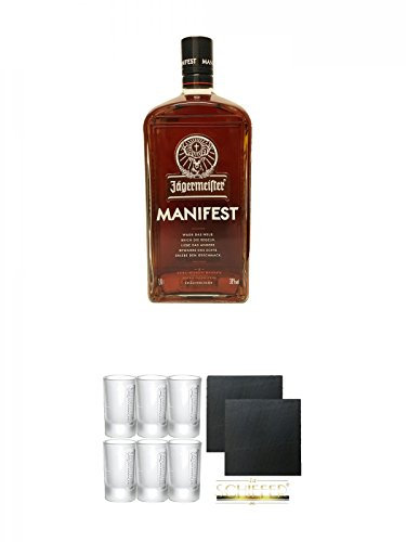Jägermeister Manifest Limitiert 1,0 Liter + Jägermeister Frozen Club Shot Glas 4 cl 6 Stück + Schiefer Glasuntersetzer eckig ca. 9,5 cm Ø 2 Stück
