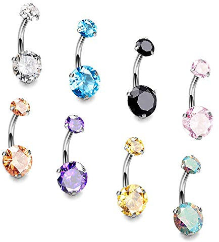 YIQI Anneaux de nombril en acier chirurgical 14G Zircon cubique rond Piercing du corps de goujon (4pcs)