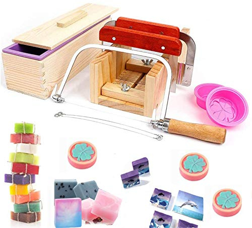 JasCherry Taglierina di Sapone Handmade Set - Scatola Fai da Te per la Fare di Sapone - Soap Cutter Strumenti Regolabile Scatola di Legno + 3 Coltello Dritto + 2 Stampo Rotondo in Silicone #8