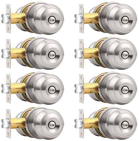 Probrico Privacy Door Knobs Brushed Nickel Finish, Interior Keyless Door Knobs Locks for Bedroom or Bathroom, 8 Pack