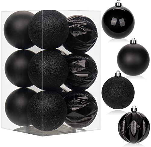 12 pcs Christmas Baubles Xmas Ball Ornaments with Strings, 80mm/3.1 Black Shatterproof Plastic Hanging Decorations, Christmas Tree Pendants for Home Party Wedding Holiday