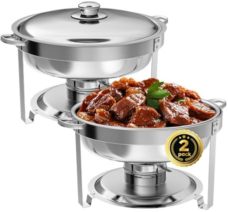 IMACONE Chafing Dish Buffet Set of 2 Pack, 5QT Round Stainless Steel Chafer for Catering, Upgraded Chafers and Buffet Warmer Sets with Food & Water Pan, Lid, Frame, Fuel Holder for Event Party Holiday