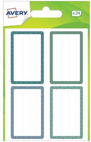AVERY - Confezione da 24 etichette scolastiche con motivi blu/verdi. Formato 36 x 56 mm.