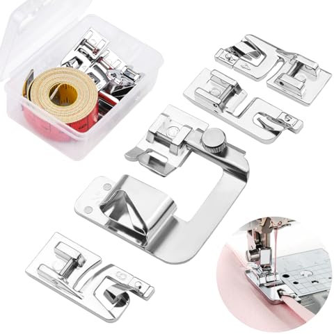 KAMAIKA Set mit 5 Nähfüßen, 4 Nähfußzubehör in verschiedenen Größen, multifunktionale Nähmaschinenfüße, 150 cm buntes Maßband.