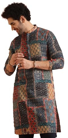 KISAH Mens Kurta - Printed Cotton Blend Tunic with Mandarin Collar, Regular Fit - Indian Wedding Outfit for Men - Festive Wear for Diwali, Eid & Celebrations D