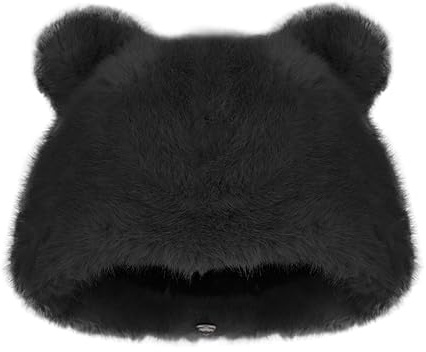 JNGUOSICN Cute Beanie Hats Women Bears Cat Ears Knitted Faux Fur Hat Winter Furry Warm Cap for Autumn Cold Winter Birthday Christmas New Year Present Black