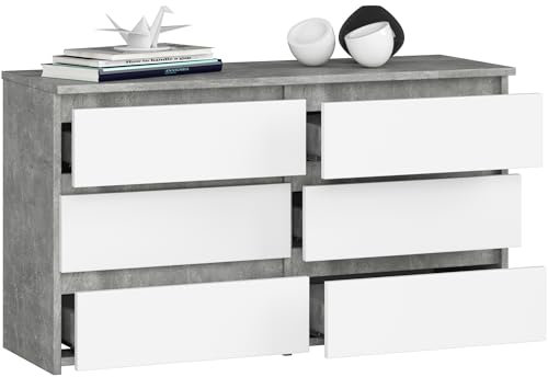 BDW - Kommode mit 6 Schubladen - 100 cm breit, 57 cm hoch - Schrank, Sideboard, Mehrzweck-, Schuhschrank, Schubladenkommode, Aktenschrank - Wohn-, Schlafzimmer, Flur - Beton/Weiss