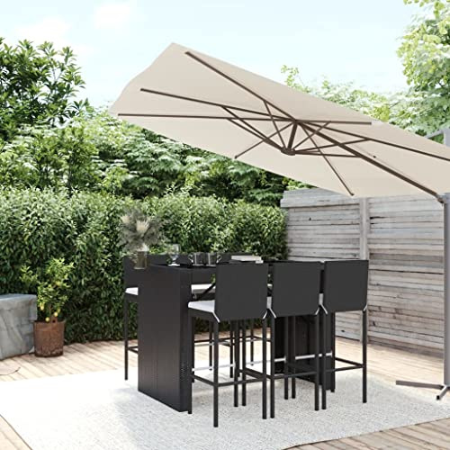 QZZCED Balkonmöbel-Set Terrassengarnitur Garten-Loungemöbel Gartenmöbel-Sets 7-TLG. Gartenbar-Set mit Kissen Schwarz Poly Rattan für Garten, Terrasse und Balkon