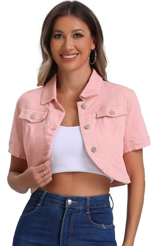 Allegra K Blouson en Jean Court Femme Veste Court en Denim Délavé Décontractée Col Rabattu Manches Courtes Boléro Vintage