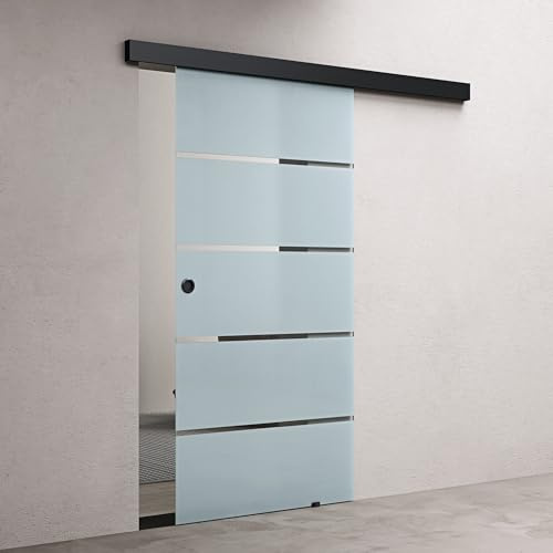 doporro Porta Scorrevole in Vetro 77.5x215cm, Porta Scorrevole in Vetro Satinato 8mm in 5 Strisce con Binario e Maniglia Rotonda per Bagno Cucina Studio Ufficio, Nero, Amalfi-plus 11H