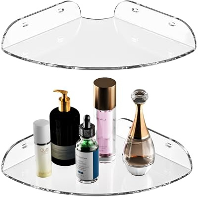 Sezanrpt 7x7 Inch Corner Shelf Wall Mount Set of 2, Acrylic Corner Floating Shelves, Clear Corner Wall Organizer Shelf for Bathroom, Kitchen, Bedroom, Living Room, Dining Room, Office