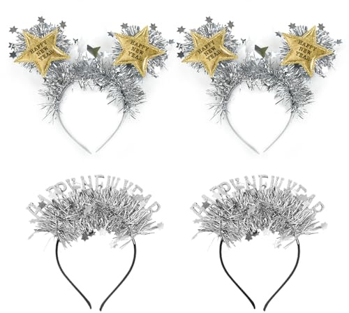 Epokus 4 stycken nyårsafton diadem, 2026 Happy New Year hårband, silver nyår pannband, guld stjärna nyårsafton huvudbonad för vuxna nyårsafton hårsmycke nyårsdekoration