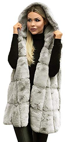 OBiQuzz Gilet in pile da donna lungo in pelliccia sintetica, senza maniche, con cappuccio, per l'inverno, caldo, in pelliccia sintetica, grigio., L