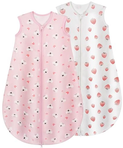 Yukkidds Schlafsack Baby Sommer 100% Baumwolle Sommerschlafsack 0.5 Tog 6-12 Monate Neugeborene Schlummersack 70 cm für kleine Jungen und Mädchen 2 Pack Rosa Beere