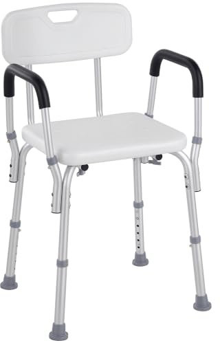 HOMCOM Sedia Doccia con Schienale per Anziani e Disabili 71-84cm Bianco | Braccioli, Sgabello Doccia in Alluminio, Altezza Regolabile a 6 Livelli, Piedini Antiscivolo