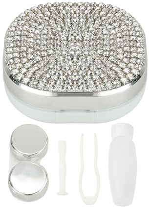 Wasise Contact Lens Case - Contact Lenses Holder, Portable Lens Care Kit, Beauty Lens Case, WhiteRhinestones Holder Container with Mirror Tweezer Remover Solution Bottle for Business TripsTravels