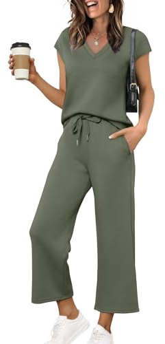 Saloogoe Palazzo Pants for Women 2 Piece Matching Sets Women Clothing Wide Leg Pants Woman Cap Sleeve Tops Loose Fit Business Casual Work Outfits Beach Clothes Green M