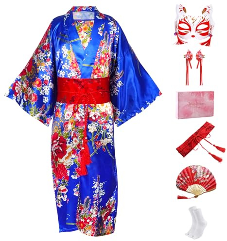 CRFASIBE Kimono Giapponese Stile per Ragazza, Vestito Tradizionale Yukata con Accessori per Cosplay, Festival e Feste a Tema (Blu,140cm)