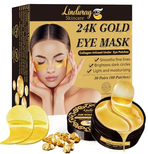 Patch Occhi al Collagene con 24K Gold, Maschera Idratante Antirughe per Occhiaie e Borse, Aiuta a Ridurre Gonfiore, Trattamento Rigenerante per Pelle Delicata, 60 Pezzi
