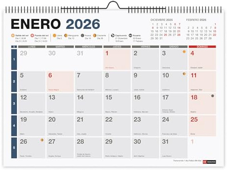 Miquelrius - Calendario 2026 de pared Completo, Organizador anual A4: 296 x 210 mm, Con espacio para anotar, Encuadernación espiral doble, Planificador 12 meses, Español