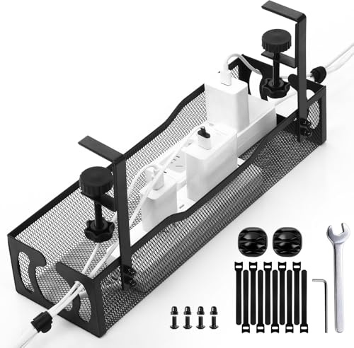 Under Desk Cable Management Tray, 40cm(15.7) No Drill Metal Mesh Cable Management Tray with Clamp Mount, Black Wire Management Tray for Home, Office, Kitchen