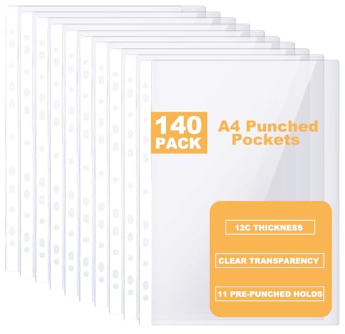 DAJAVE 140 bolsillos de polietileno A4 perforados, bolsillo polly de 120 micras, fundas de plástico A4 de apertura superior, fundas de plástico para organizar documentos, archivos de palanca y