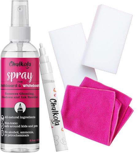 Chalkola Natural Chalkboard Cleaner Spray & Eraser Kit for Liquid Chalk Markers - Suitable for Whiteboard, Blackboard and Dry Erase Boards - Comes with White Chalk Pen