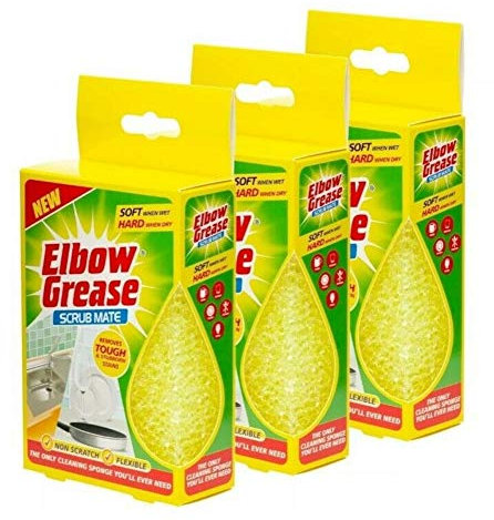 Elbow Grease Scrub Mate (THREE PACKS) - Cleaning Sponge - Yellow - Plastic Handle - Variable Firmness - 3 Count - 13.5 x 9 cm