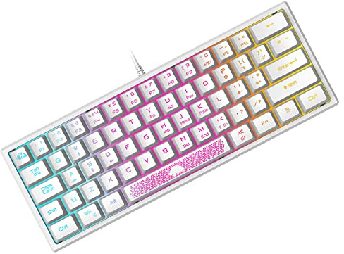 Tastiera da Gioco Portatile Cablata al 60%, Retroilluminata 7 RGB, Layout QWERTY Tastiera a Membrana con Sensazione Meccanica con 19 Tasti Anti-ghosting Mini Compact 62 Tasti, per PC Mac/Bianco