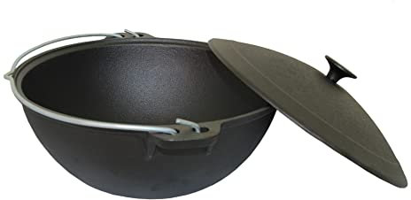 rukauf Emaillierter Kazan aus Gusseisen mit Deckel und Bügel 12 Liter Wok Kasan Asien Schmortopf Camping 12L Schwenktopf