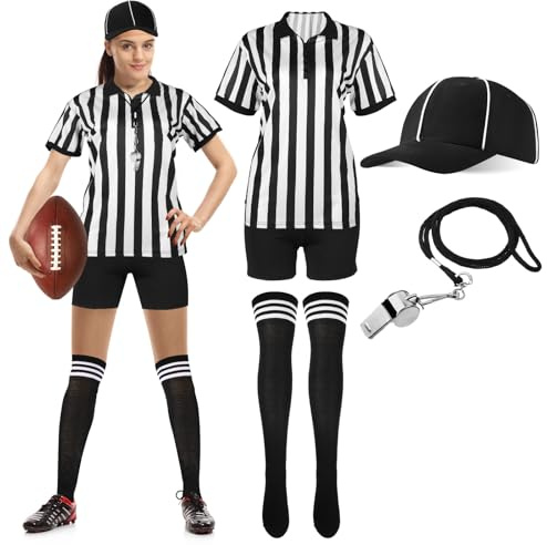 SATINIOR 6 Pcs Women Referee Costume Black and White Stripe Ref Shirt Jersey Shorts Referee Hat for Halloween Party Cosplay(Small)