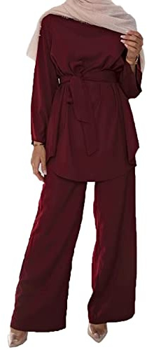 FANSU Completo da Donna Musulmano da 2 Pezzi Top Pantaloni Abito da Tuta per Abbigliamento Sportivo a Maniche Lunghe Dubai Medio Oriente a Tinta Unita