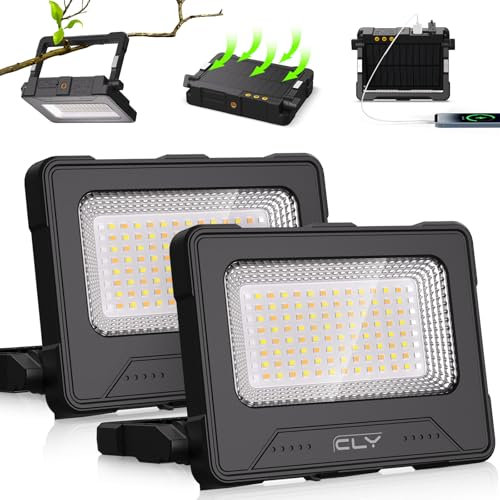 CLV 100W LED Baustrahler 12000MAH Led Arbeitsleuchte Akku Strahler 4 Lichtmodi Campinglampe Tragbar 5 Helligkeiten Solar USB-Aufladung Akku Lampe PowerBank für Camping, Garage, Bau, Reparatur, Notfall