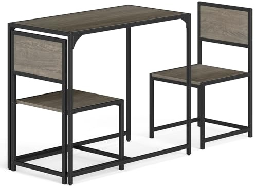 TANGZON 3 Piece Dining Table Set for 2, Kitchen Table and Chairs | 90 x 47 cm Oak Grey Breakfast Set, Metal Frame, 2 Chairs, Adjustable Foot Pads, Space Saving for Small Kitchens and Flats
