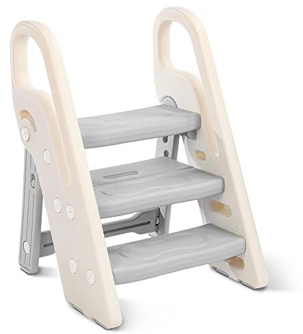 Onasti Foldable Step Stool for Kids, 2 Steps - 3 Steps Height Adjustable Toddler Step Stool, Toilet Steps for Potty Training, Learning Tower with Handle for Bathroom, Bedroom, Kitchen (Grey)