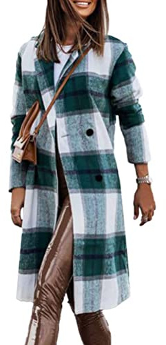 shownicer Damen Mantel Lässiges Revers Kariert Jacke Warme Mittellange Wollmantel Herbst Winter Einreihiger Kaschmirmantel Frauen Wintermantel A Grün XXL